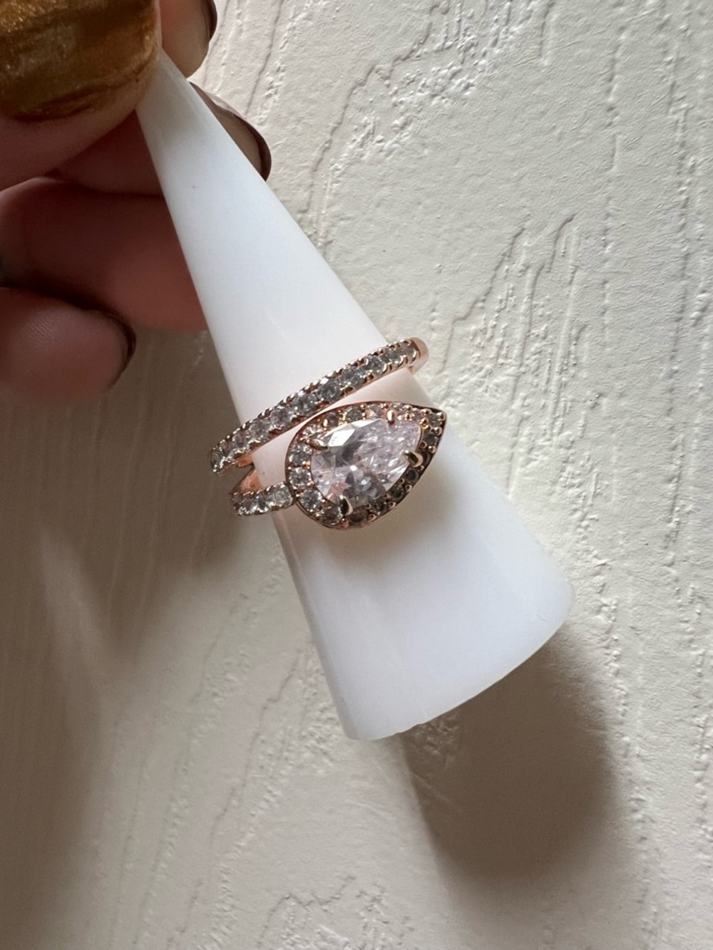 Rose Gold Pear-Cut Halo Ring with Pavé Band